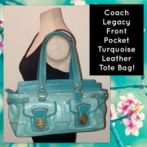 Coach Legacy Front Pocket Turquoise Leather Tote!
